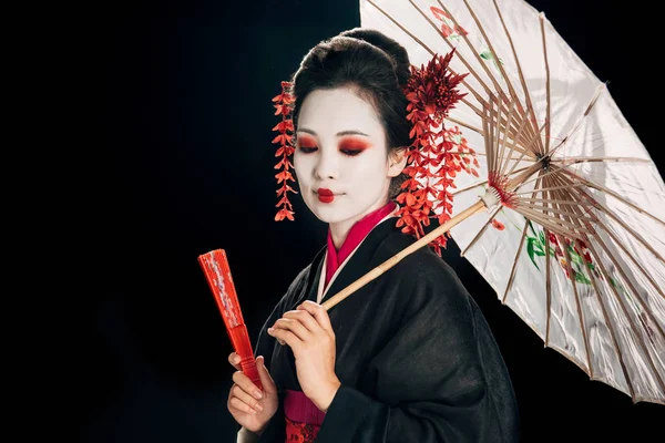 Hermosa geisha en kimono negro con flores rojas en el pelo sosteniendo paraguas asiático tradicional y ventilador de mano y mirando hacia abajo aislado en negro - foto de stock