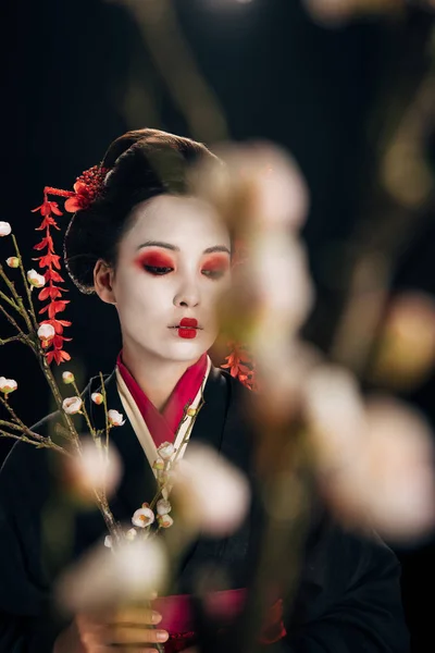 Selective focus of beautiful geisha in black kimono with red flowers in hair and sakura branches isolated on black — Stock Photo