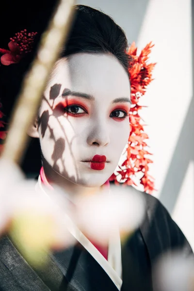 Fuoco selettivo di rami di sakura e bella geisha con trucco rosso e bianco alla luce del sole — Foto stock