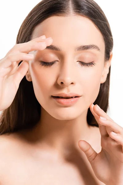 Brunette young naked woman with perfect skin and closed eyes isolated on white — Stock Photo