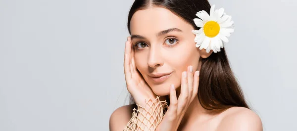 Schöne nackte Frau mit Gänseblümchen im Haar schaut in die Kamera isoliert auf grau — Stockfoto