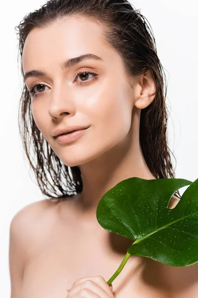 Belle jeune femme nue humide avec feuille de palme avec des gouttes d'eau isolées sur blanc — Photo de stock