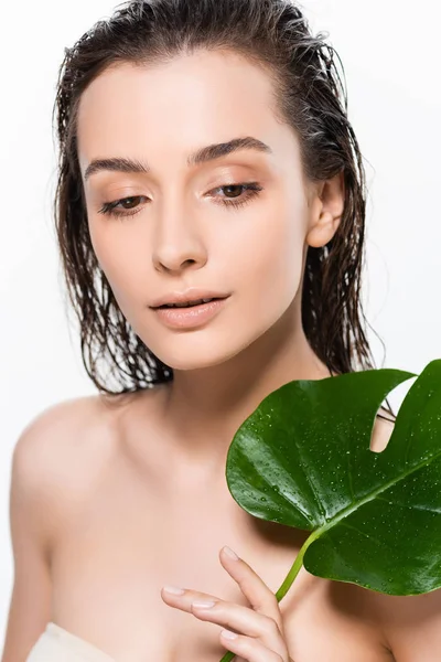 Красива мокра молода жінка з зеленим пальмовим листом з краплями води ізольована на білому — стокове фото