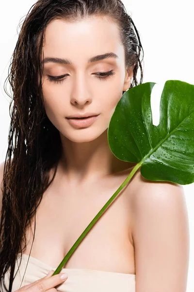 Belle jeune femme humide tenant la feuille de palme verte avec des gouttes d'eau isolées sur blanc — Photo de stock