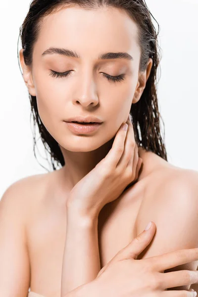 Beautiful wet nude young woman with closed eyes isolated on white — Stock Photo