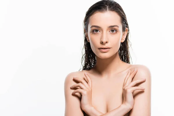 Beautiful wet nude young woman looking at camera isolated on white — Stock Photo