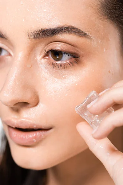 Close up view of brunette wet young woman holding ice cube isolated on white — Stock Photo