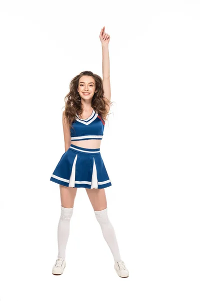 Sexy smiling cheerleader girl in blue uniform dancing isolated on white — Stock Photo
