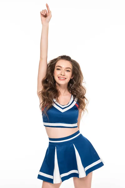 Сексуальна щаслива дівчина-вболівальник у блакитній формі танцює з рукою в повітрі ізольована на білому — стокове фото