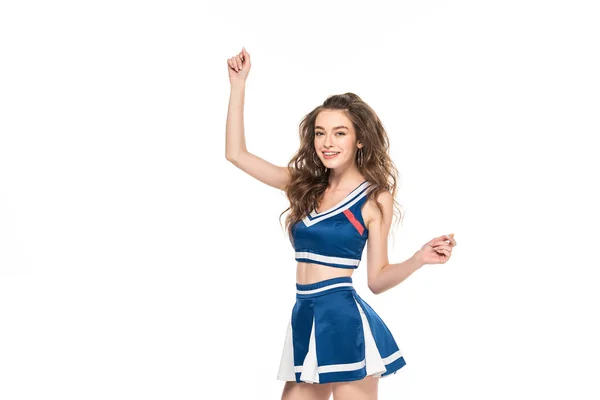 Щаслива дівчина-вболівальник у блакитній формі танцює ізольовано на білому — стокове фото