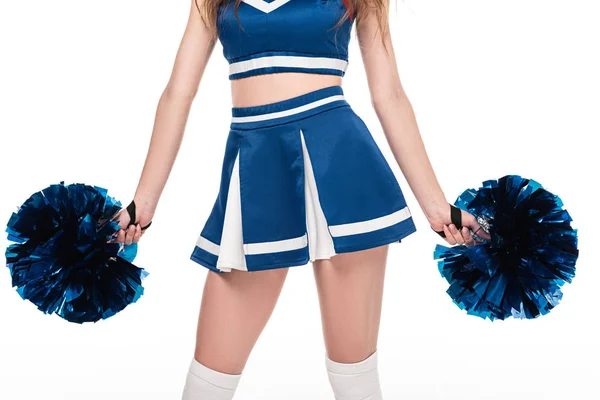 Partial view of sexy cheerleader girl in blue uniform with pompoms isolated on white — Stock Photo