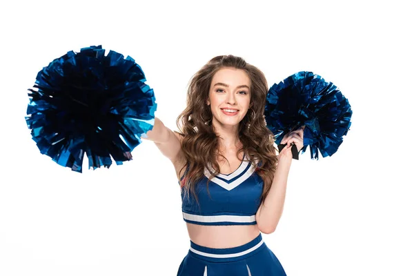 Menina cheerleader feliz em azul uniforme dançando com pompons brilhantes isolados no branco — Fotografia de Stock