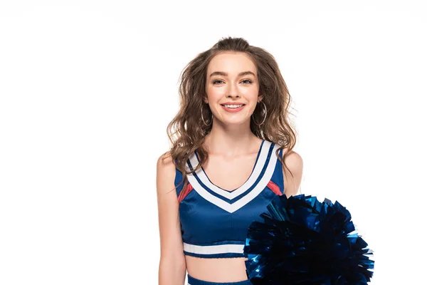 Sexy happy cheerleader girl in blue uniform holding pompoms and looking at camera isolated on white — Stock Photo