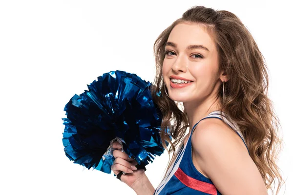 Side view of happy cheerleader girl in blue uniform holding pompom isolated on white — Stock Photo