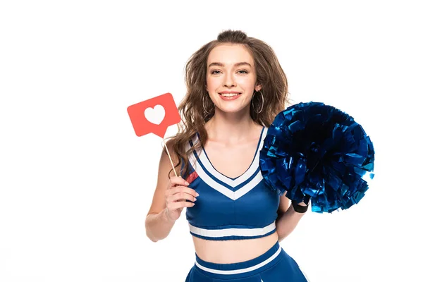 Happy cheerleader girl in blue uniform holding pompom and like sign isolated on white — Stock Photo