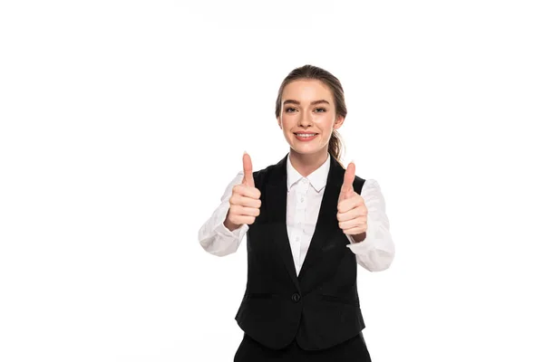 Happy young waitress showing thumbs up isolated on white — Stock Photo