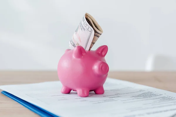 Rosa Sparschwein mit Dollarschein auf Klemmbrett — Stockfoto