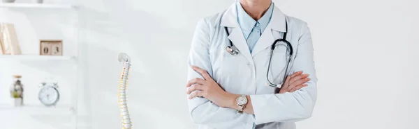 Панорамний знімок лікаря, що стоїть з перехрещеними руками в лікарні — стокове фото