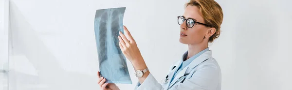 Panoramic shot of attractive doctor in glasses looking at x-ray in clinic — Stock Photo