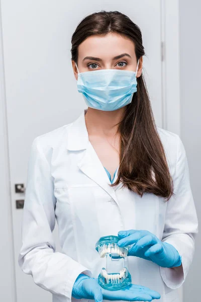 Dentiste en masque médical et gants en latex bleu tenant modèle de dents en clinique — Photo de stock