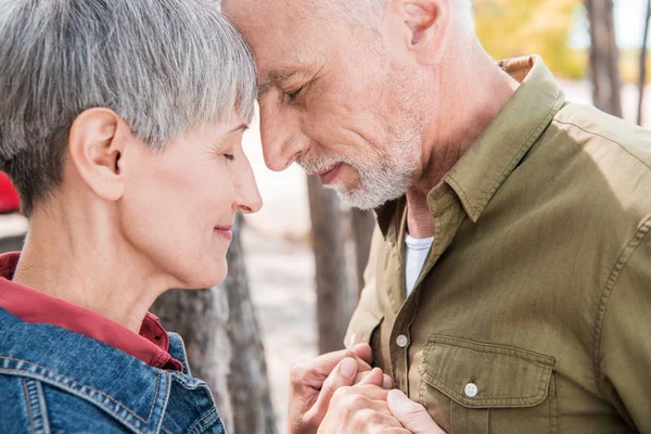 Vista laterale della coppia anziana che si tiene per mano e tocca le fronti con gli occhi chiusi nella foresta — Foto stock