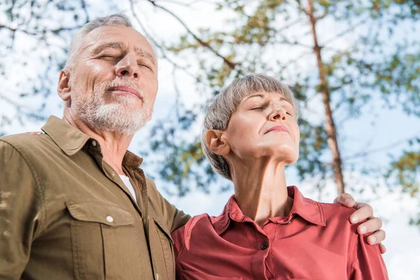 Vue du bas de heureux couple de personnes âgées embrassant avec les yeux fermés dans la forêt — Photo de stock