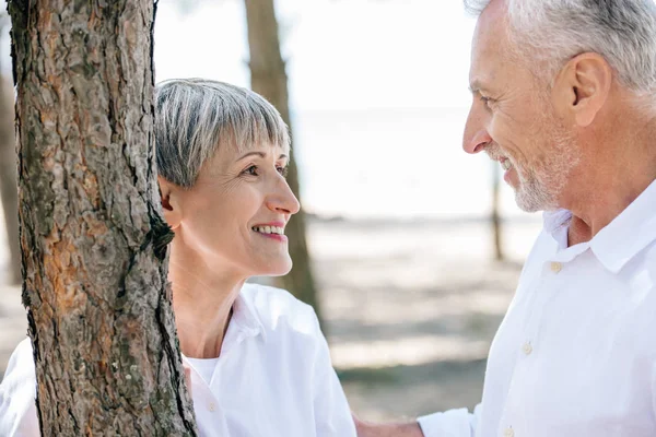 Sonriendo pareja de ancianos de pie cerca del árbol y mirándose unos a otros en el bosque - foto de stock
