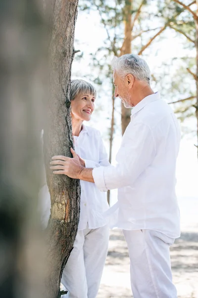 Sorrindo casal sênior de pé perto da árvore e olhando uns para os outros na floresta — Fotografia de Stock