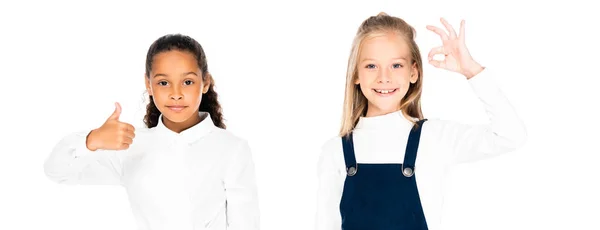Plano panorámico de dos colegialas multiculturales mostrando el pulgar hacia arriba y el gesto ok aislado en blanco - foto de stock