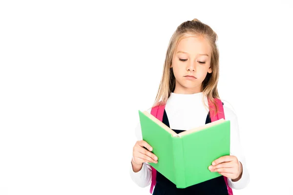 Милий, серйозний школярка читає книгу ізольовано на білому з копіювальним простором — стокове фото