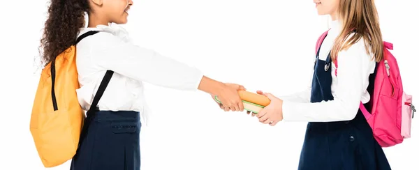 Panoramic shot of african american schoolgirl giving books to smiling friend isolated on white, panoramic shot — Stock Photo