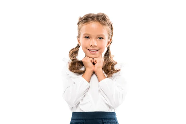 Cheerful child looking at camera and smiling isolated on white — Stock Photo