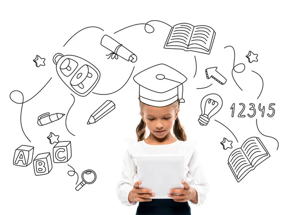 Niedliche Schulkind mit digitalem Tablet in der Nähe von Büchern und Zahlen auf weiß — Stockfoto