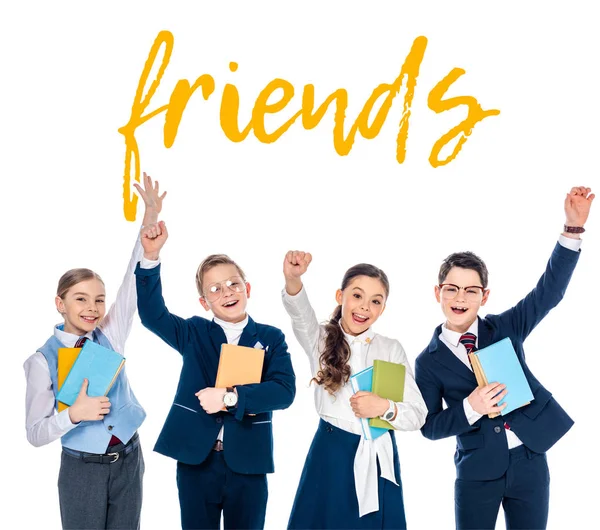 Happy schoolchildren with outstretched hands holding books near friends letters on white — Stock Photo