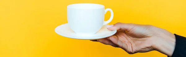 Panoramic shot of woman holding saucer and cup isolated on orange — Stock Photo