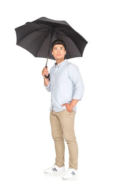 Bonito ásia homem de pé sob guarda-chuva, segurando mão no bolso e olhando para longe no branco fundo — Fotografia de Stock