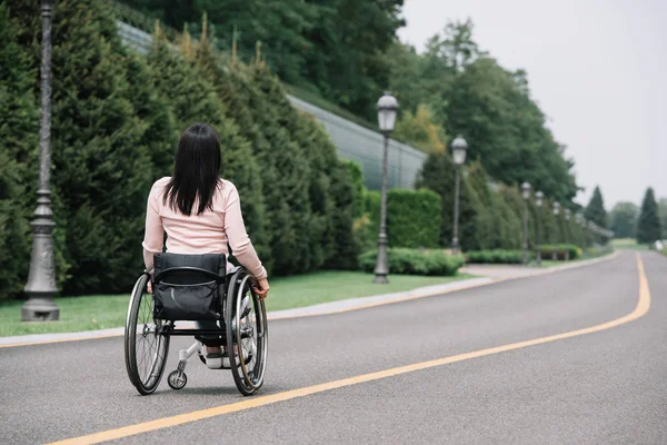 Visão traseira da jovem mulher com deficiência andando no parque em cadeira de rodas — Fotografia de Stock