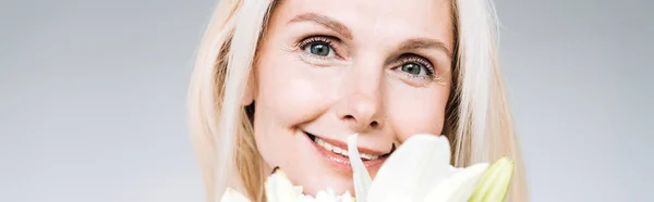 Panoramic shot of happy blonde mature woman with white flowers looking at camera isolated on grey — Stock Photo