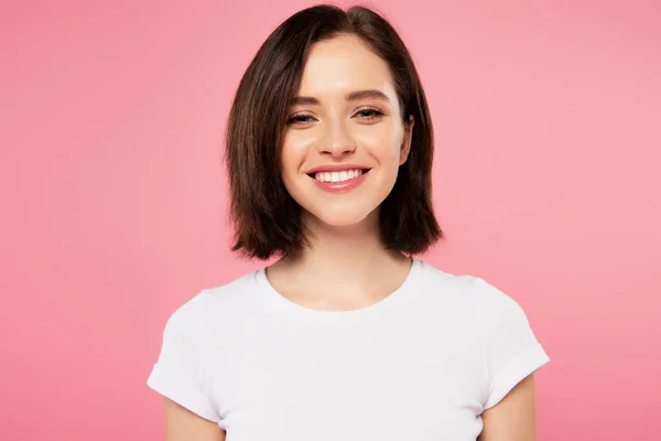 Beautiful smiling girl isolated on pink — Stock Photo