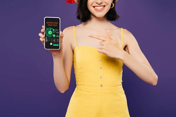 Vista cortada de menina em chapéu de palha apontando com o dedo para o smartphone com aplicativo de análise de marketing isolado em roxo — Fotografia de Stock
