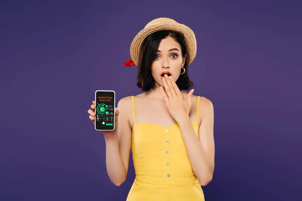 Chica en sombrero de paja mostrando gesto de idea y la celebración de teléfono inteligente con aplicación de análisis de marketing aislado en púrpura - foto de stock