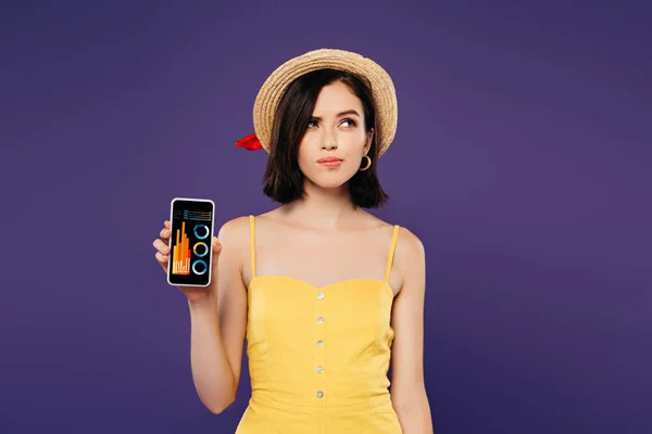 Мечтательная красивая девушка в соломенной шляпе, держащая смартфон с бизнес-приложением, изолированным на фиолетовый — стоковое фото