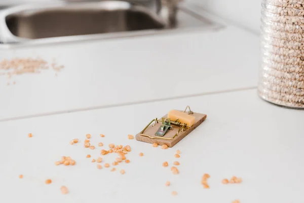 Kleine hölzerne Mausefalle mit Käsewürfel in der Nähe von Erbsen auf dem Tisch — Stockfoto