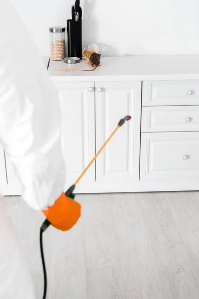 Cropped view of exterminator holding toxic spray near rat near peas on table — Stock Photo