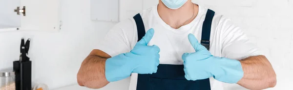 Panoramic shot of exterminator in blue latex gloves showing thumb up — Stock Photo