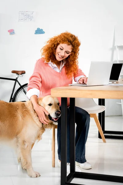 Mulher atraente sorrindo e acariciando bonito golden retriever no escritório — Fotografia de Stock