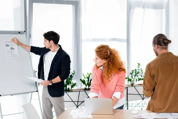 Geschäftsleute schauen auf Freund, der Papier mit Diagrammen und Grafiken zeigt — Stockfoto