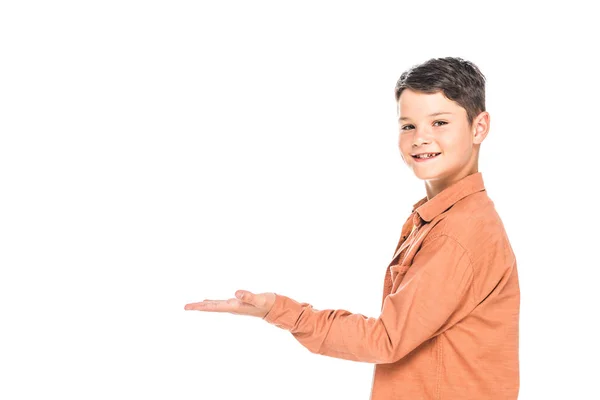 Smiling boy looking at camera isolated on white — Stock Photo