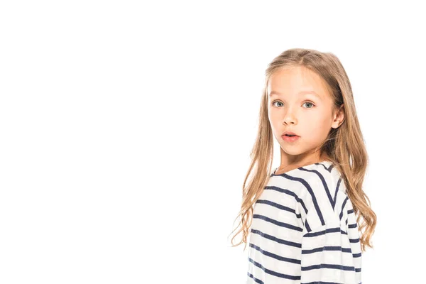 Surprised kid in casual outfit looking at camera isolated on white — Stock Photo