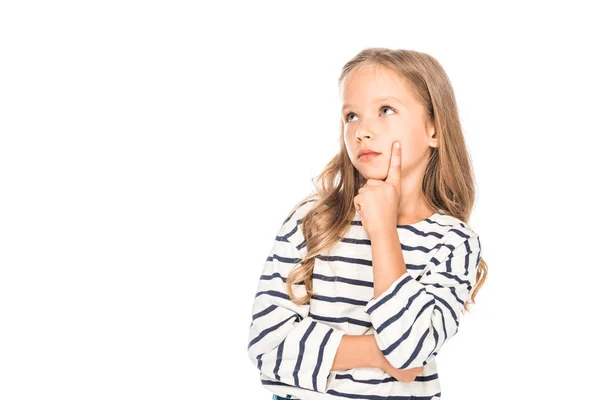 Pensive kid in casual outfit isolated on white — Stock Photo